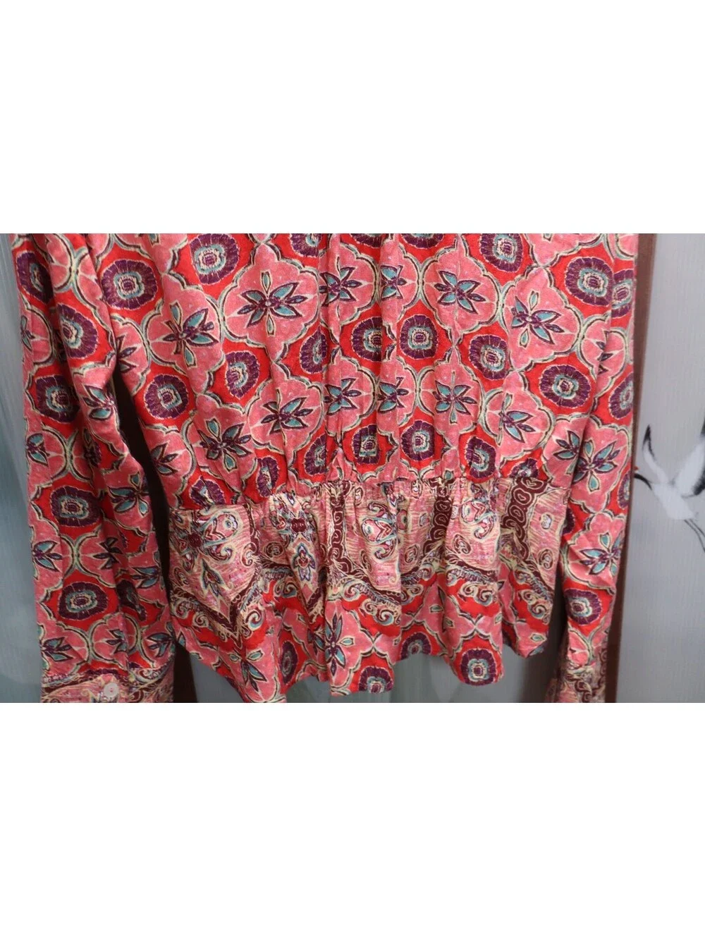 Free People Womens XS Blouse Boho Mixed Print Peplum Surplice Long Sleeve